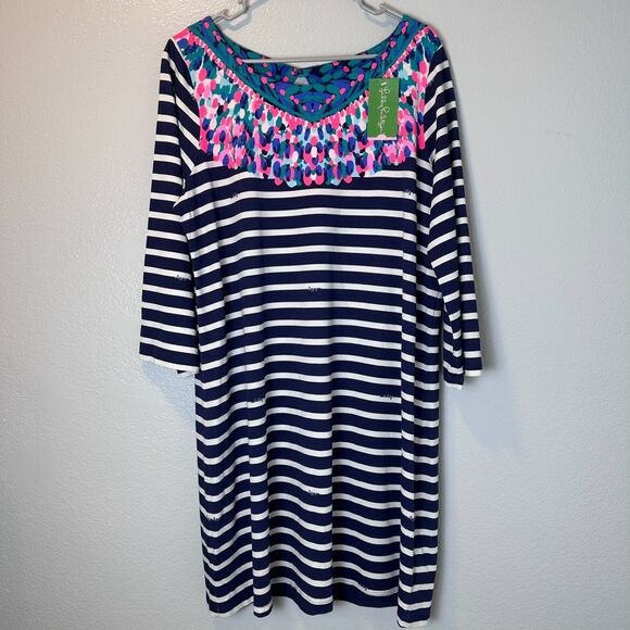 Lilly‎ Pulitzer Women's Size XL Bay Dress Bright Navy Island Medallion Stripe - Picture 2 of 11